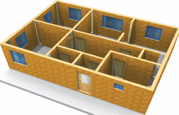 Пример раскладки панелей на индивидуальный жилой дом площадью 75м<sup>2</sup>, с толщиной наружных  стен - 200мм и толщиной внутренних перегородок – 150мм